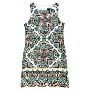 Maggy London Paisley Medallion Shift Mini Dress Women 2 Blue Green Stretch Boho